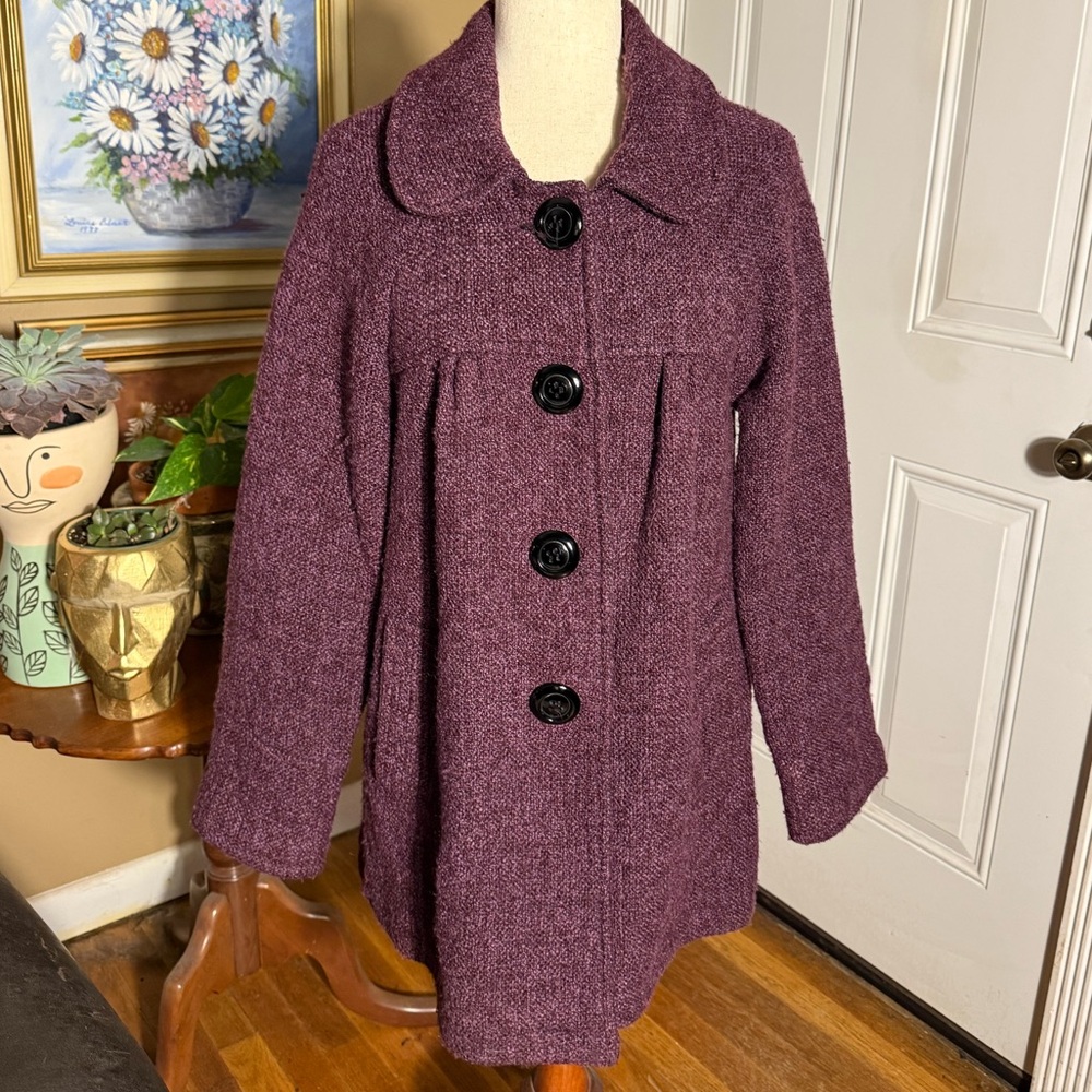 Sashimi Purple Button-Up Boucle Artist Swing Coat Lined Large NWOT